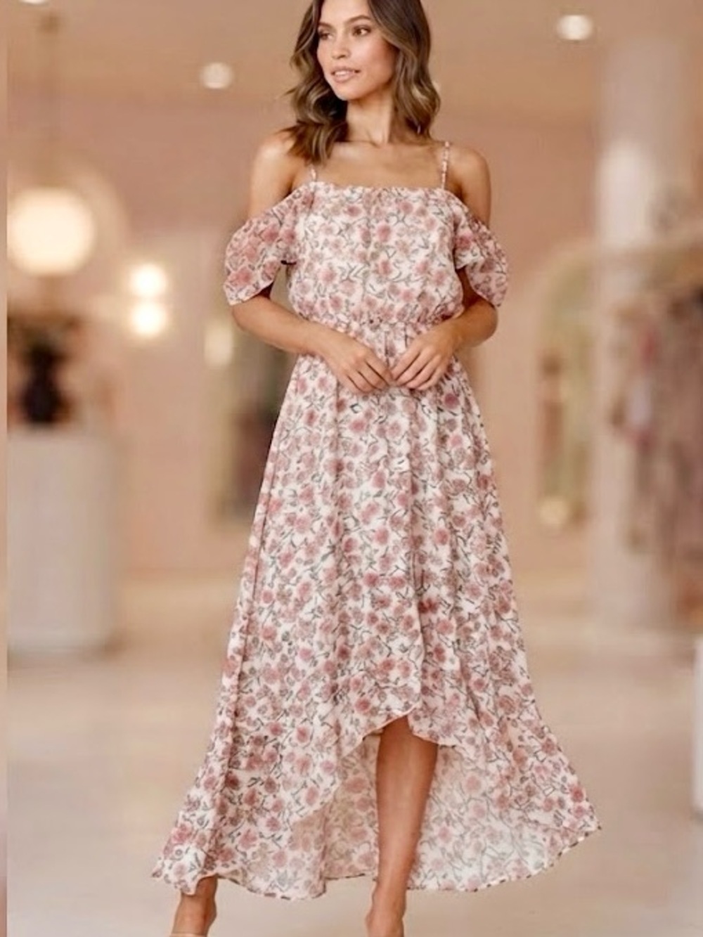 🌸 AUW Blush Floral Chiffon Style Off-Shoulder High-Low Maxi Dress Large NWT